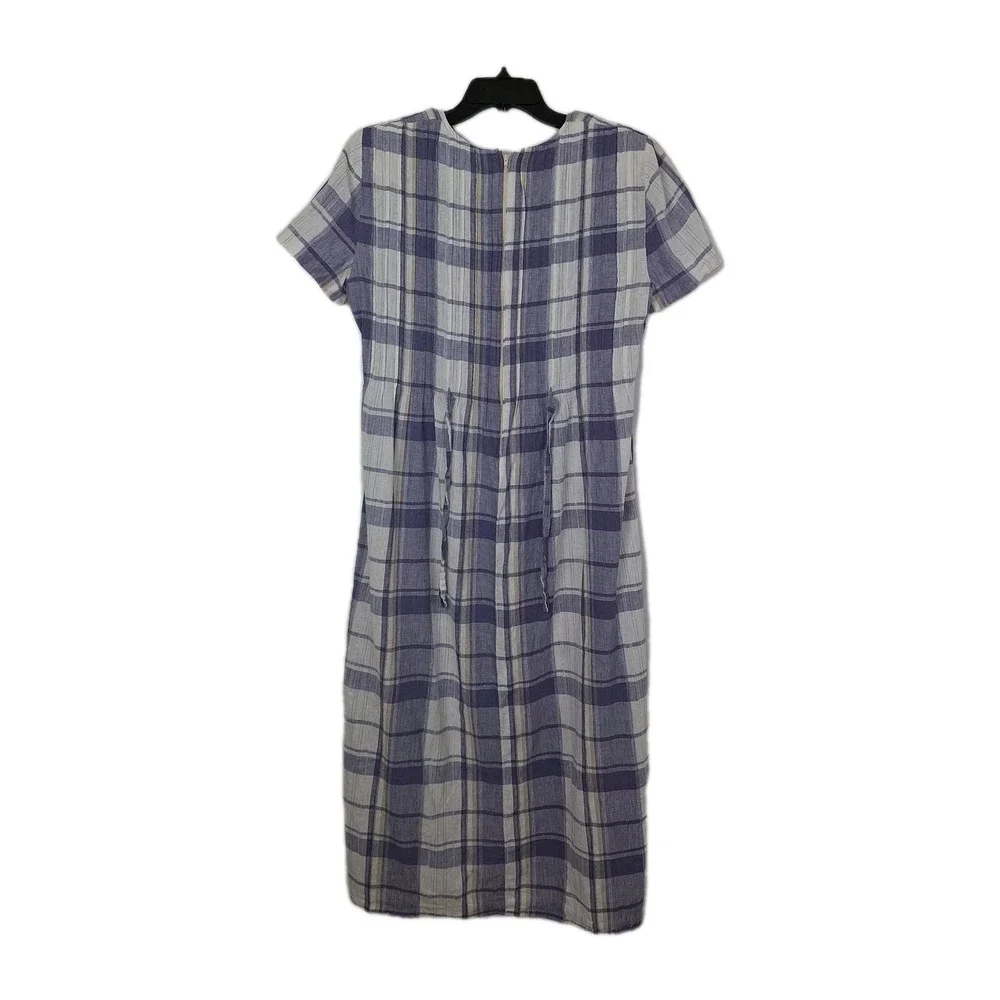 Vintage 90s Periwinkle White Plaid Linen Blend Dress 12 VTG Midi Cottagecore - Picture 12 of 16